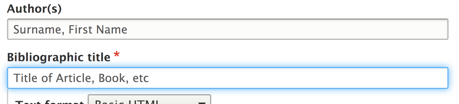 Image of Author and Bibliographic Title fields in Create Bibliography item